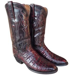 Vtg Lucchese Classics Handmade Black Cherry Caiman Cowboy Boots Mens 9 D RARE
